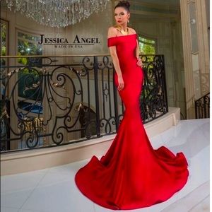 Red Jessica Angel off the shoulder gown